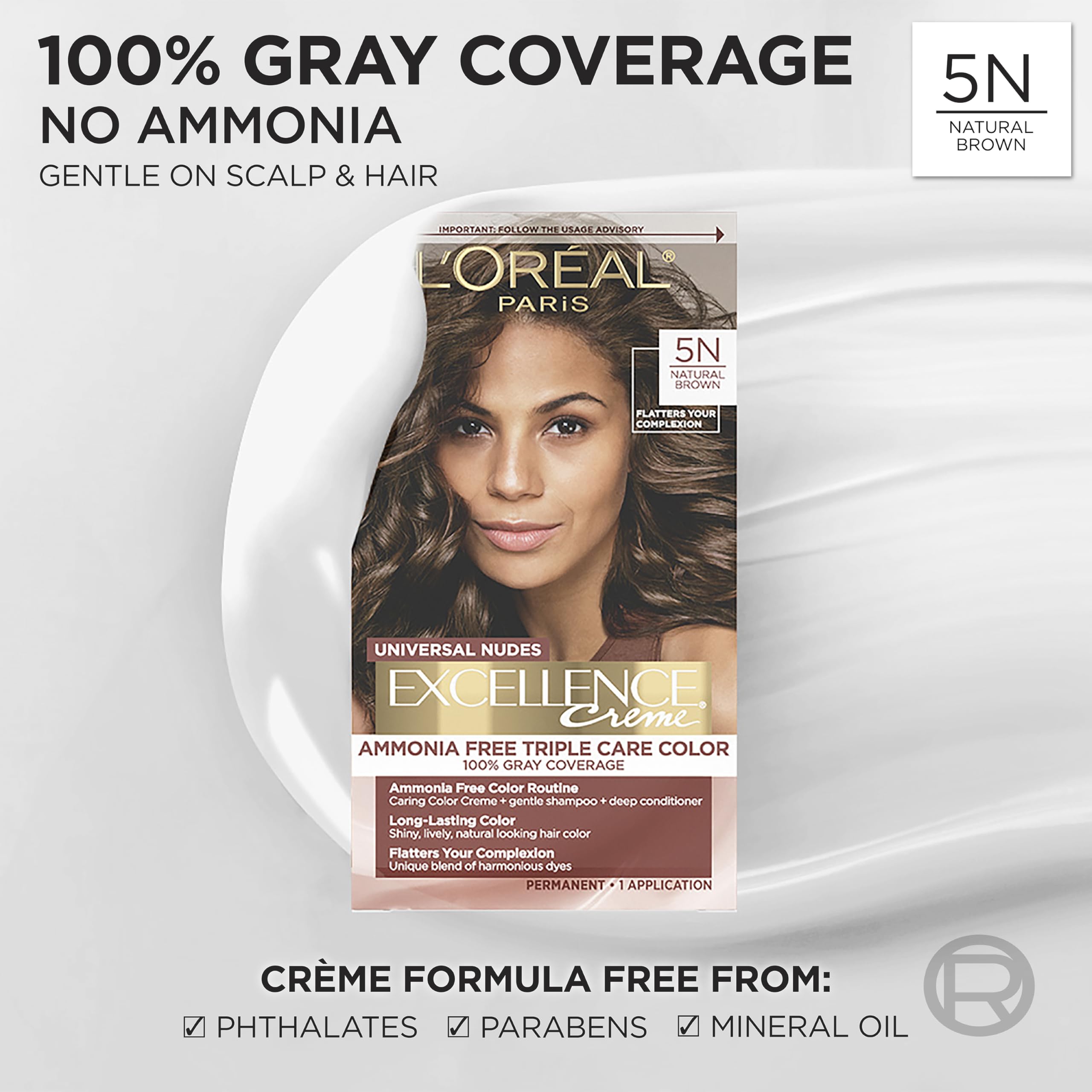 L’Oreal Paris Excellence Universal Nudes Permanent Hair Color, Ammonia Free Hair Dye for Gray Hair Coverage, 5N Natural Brown, 1 Hair Dye Kit
